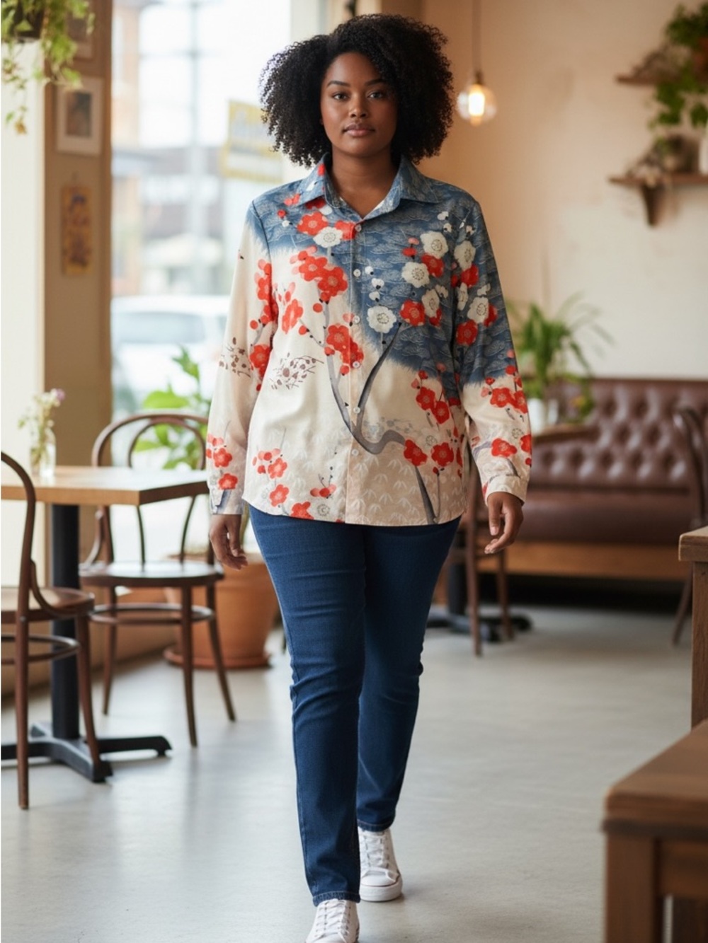 Floral Button-Up Shirt in Cream, Blue & Red